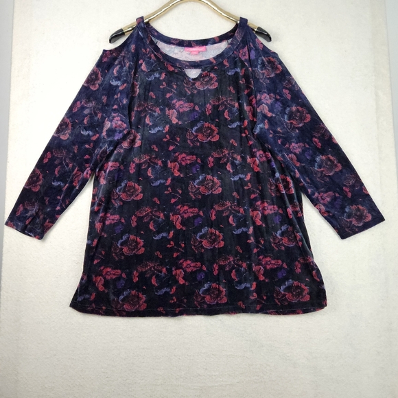 Woman Within Womens Size Medium Blue Floral Cold Shoulder Velour Sweater Top - Picture 1 of 10